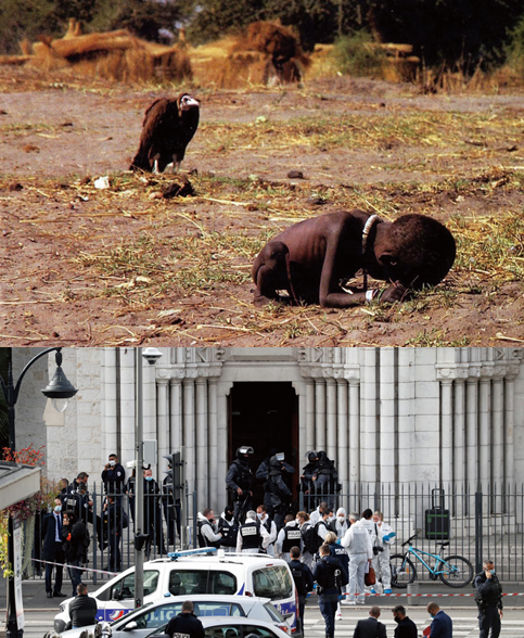 (위)케빈 카터가 찍은 “The vulture and the little girl”(아래)10월 29일 테러가 발생한 프랑스 남부 도시 니스의 노트르담 대성당
