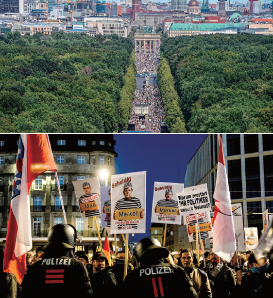 위)베를린의 규제 반대 시위(2020년 8월 29일), 아래)라이프치히의 부분적 봉쇄조치 항의 시위(2020년 11월 7일)